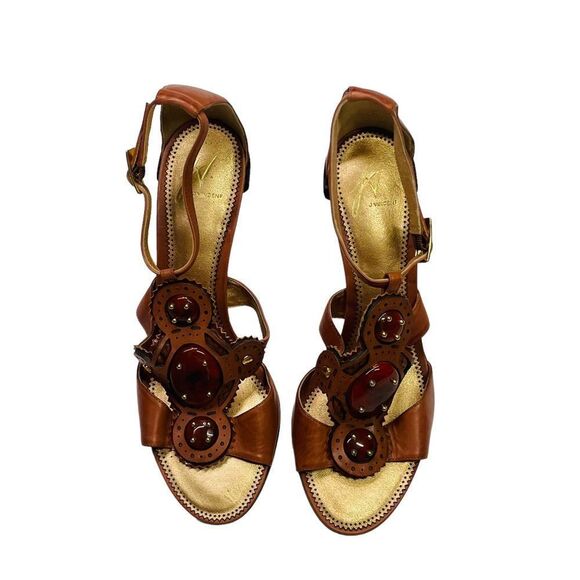 10/25🦋 Vintage J. Vincent Brown Gemstone Embellished T-Strap High Heels - Size 8 - Picture 5 of 14